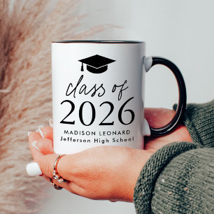 Modern Class of 2026 Black Script Graduation Cap Mug