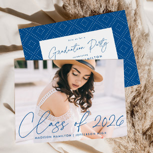 Modern Class of 2026 Blue Script Graduation Party Invitation