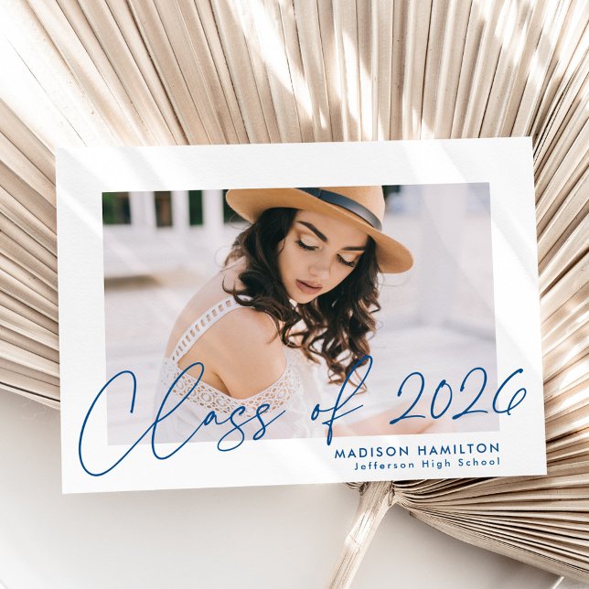 Modern Class of 2026 Blue Script Photo Graduation Announcement (Creator Uploaded)