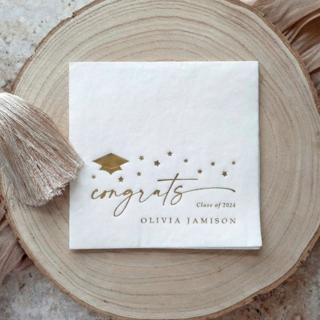 Modern Class of 2026 Congrats Graduation Party Foil Napkins (Personalized gold foil graduation napkins with handwriting "congrats" stars and grad cap.)