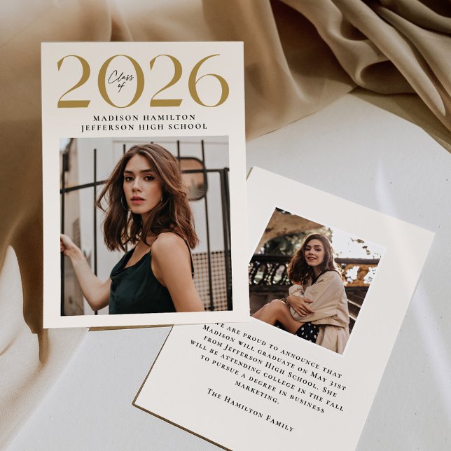 Modern Class of 2026 Gold 2 Photo Graduation Announcement (Creator Uploaded)