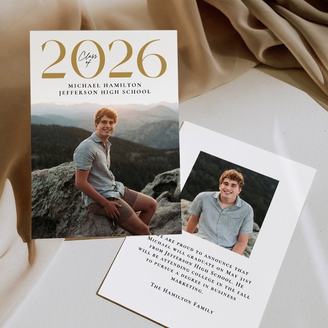 Modern Class of 2026 Gold 2 Photo Graduation Announcement (Creator Uploaded)