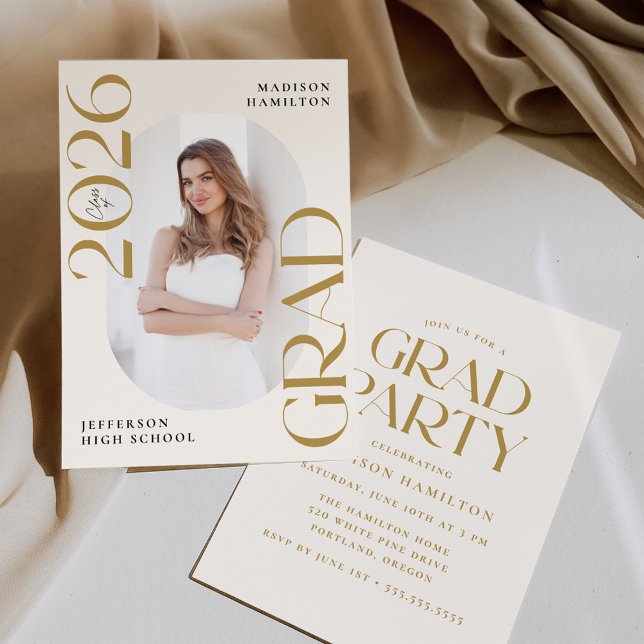 Modern Class of 2026 Gold Photo Graduation Party Invitation (Creator Uploaded)
