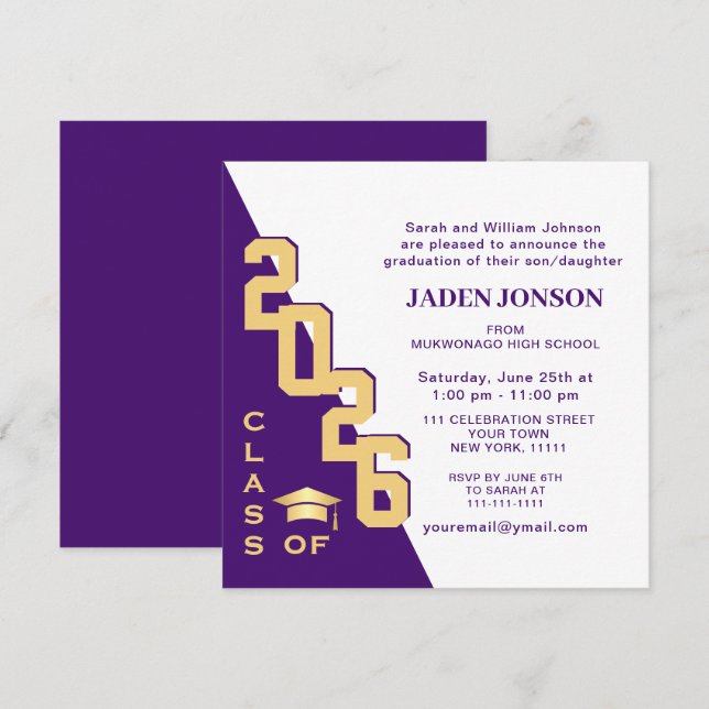 Modern Class of 2026 Gold Purple Graduation Party Invitation (Front/Back)