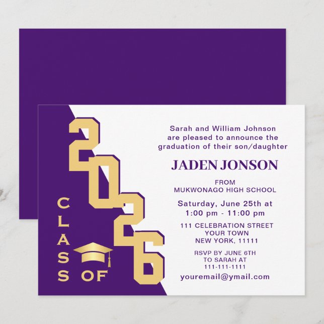 Modern Class of 2026 Gold Purple Graduation Party Invitation (Front/Back)