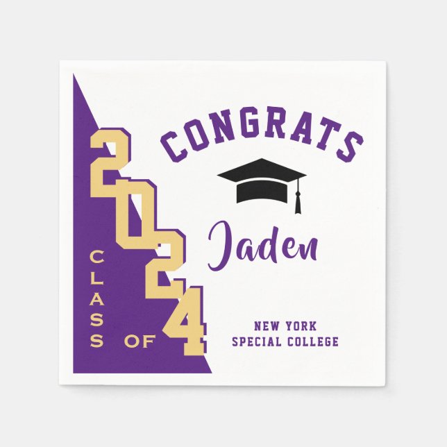 Modern Class of 2026 Gold Purple Graduation Party Napkins (Front)