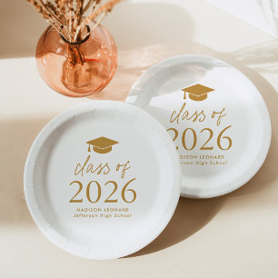 Modern Class of 2026 Gold Script Graduation Paper Plates