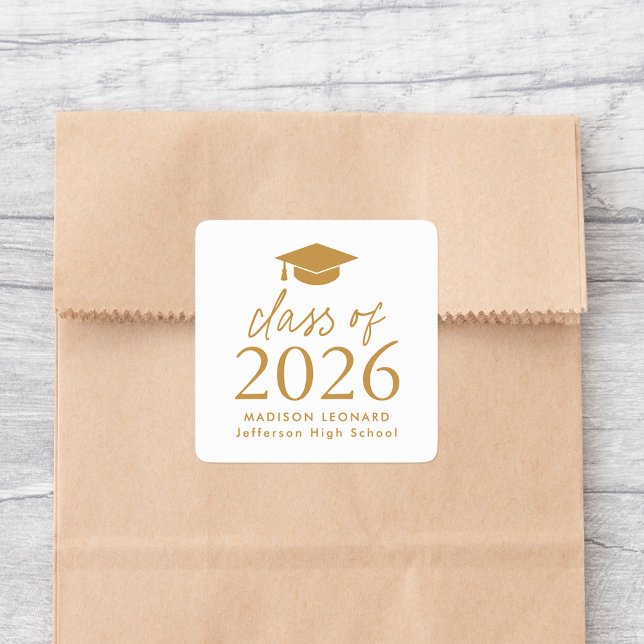 Modern Class of 2026 Gold Script Graduation Square Sticker (Creator Uploaded)