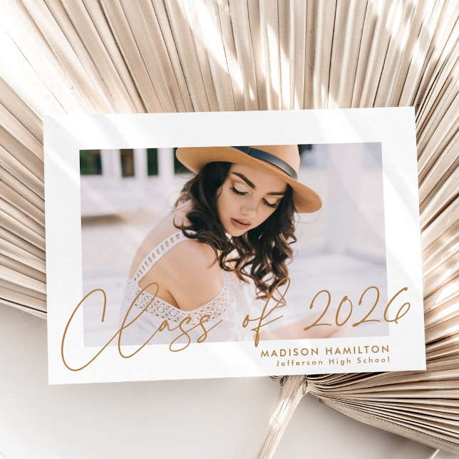 Modern Class of 2026 Gold Script Photo Graduation Announcement (Creator Uploaded)