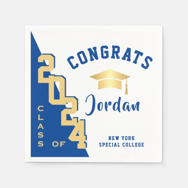 Modern Class of 2026 Golden Blue Graduation Party Napkins (Front)