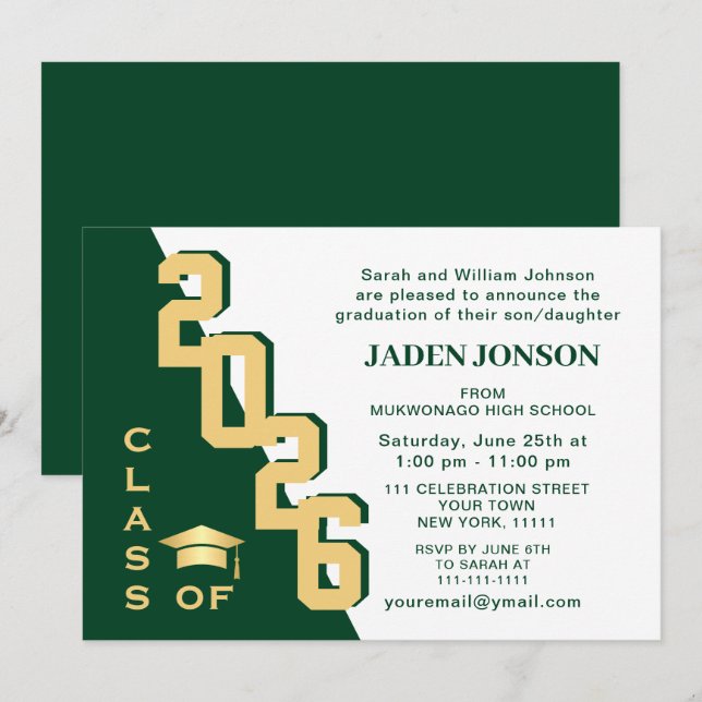 Modern Class of 2026 Golden Green Graduation Party Invitation (Front/Back)