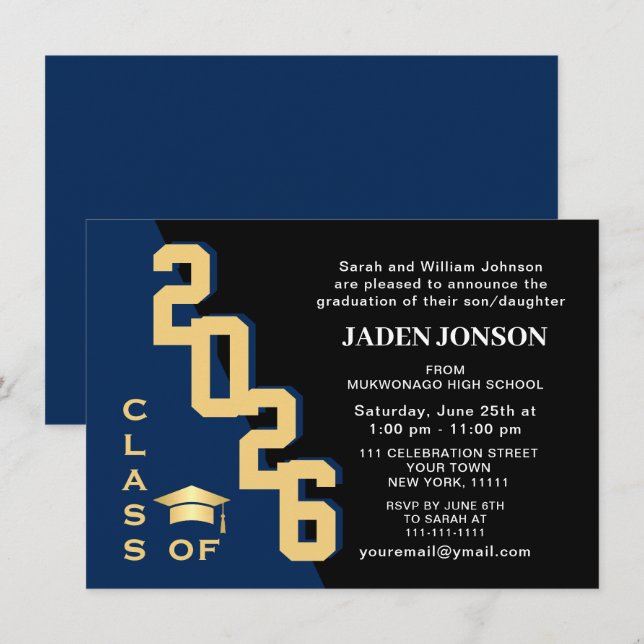 Modern Class of 2026 Golden Navy Graduation Party Invitation (Front/Back)