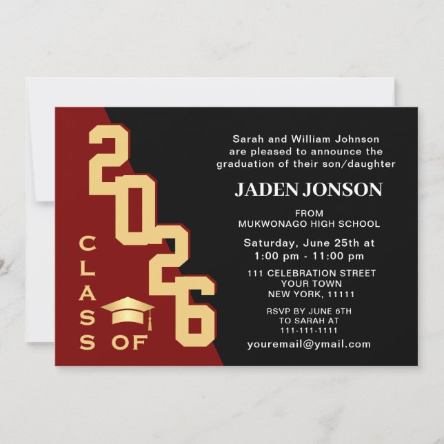Modern Class of 2026 Golden Red Graduation Party Invitation (Front)