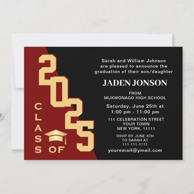 Modern Class of 2026 Golden Red Graduation Party Invitation (Front)