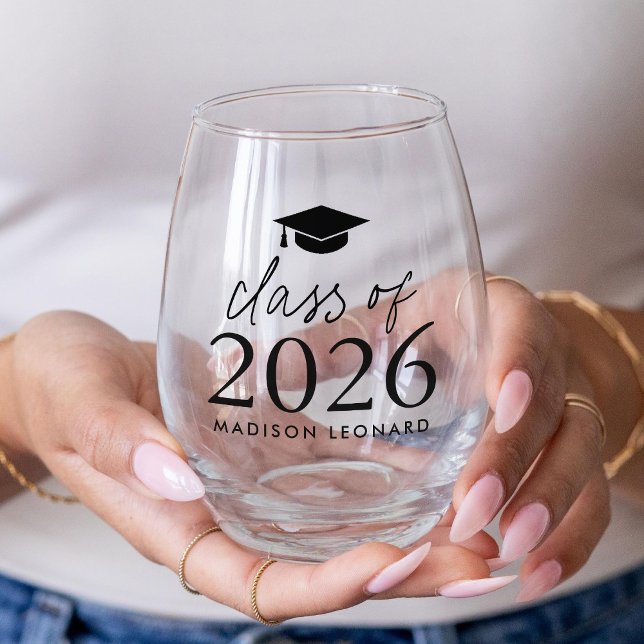 Modern Class of 2026 Graduation Stemless Wine Glass (Creator Uploaded)