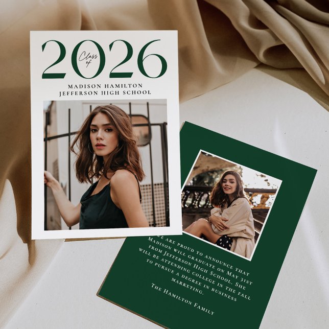 Modern Class of 2026 Green 2 Photo Graduation Announcement (Creator Uploaded)