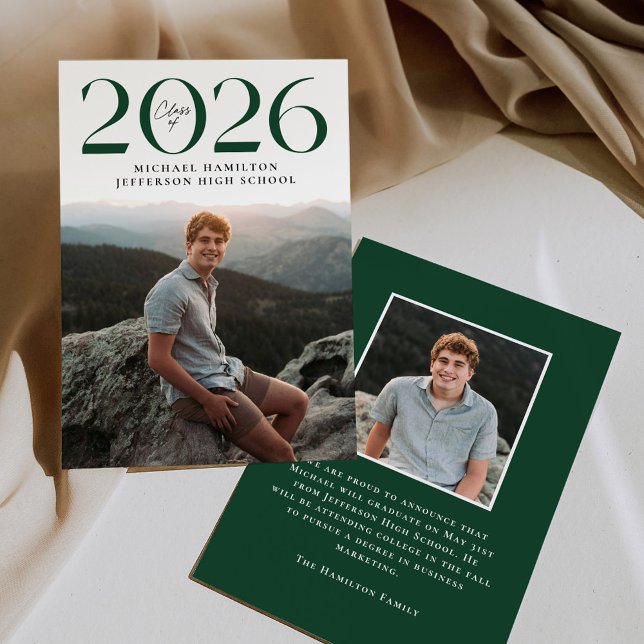 Modern Class of 2026 Green 2 Photo Graduation Announcement (Creator Uploaded)