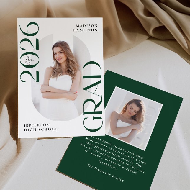 Modern Class of 2026 Green Grad 2 Photo Graduation Announcement (Creator Uploaded)