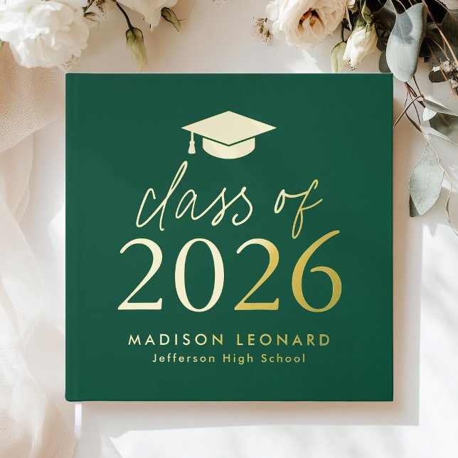 Modern Class of 2026 Green Photo Graduation Foil Guest Book (Creator Uploaded)