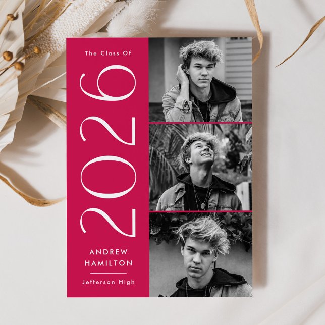 Modern Class of 2026 Magenta 3 Photo Graduation Announcement (Creator Uploaded)