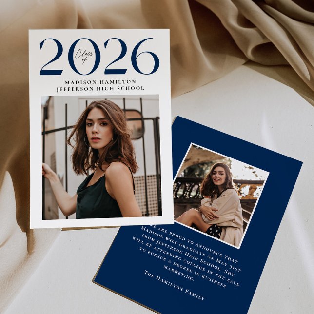 Modern Class of 2026 Navy 2 Photo Graduation Announcement (Creator Uploaded)