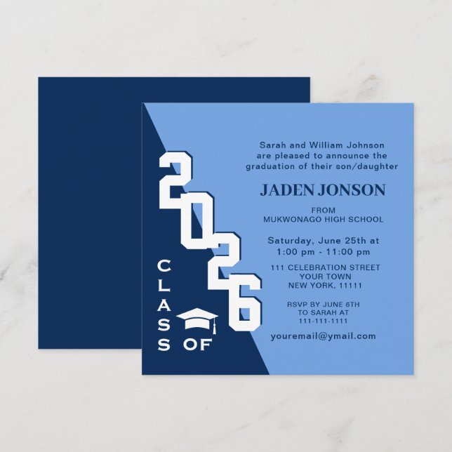 Modern Class of 2026 Navy Blue Graduation Party Invitation (Front/Back)