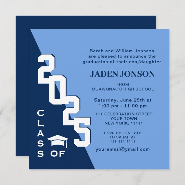 Modern Class of 2026 Navy Blue Graduation Party Invitation (Front/Back)