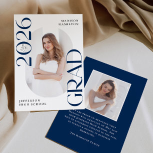 Modern Class of 2026 Navy Grad 2 Photo Graduation Announcement