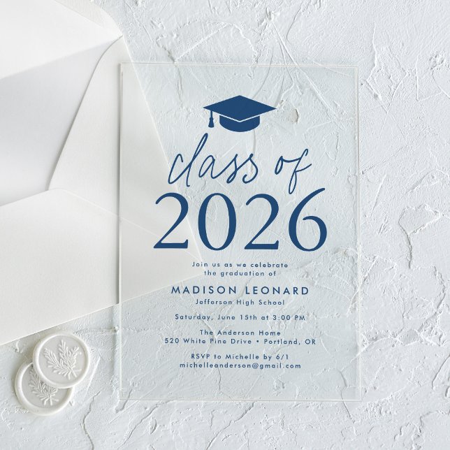 Modern Class of 2026 Navy Graduation Party Acrylic Invitations (Creator Uploaded)