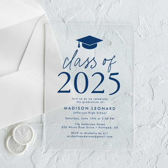 Modern Class of 2026 Navy Graduation Party Acrylic Invitations (Creator Uploaded)