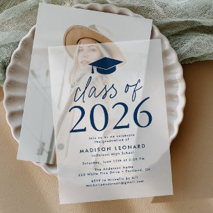 Modern Class of 2026 Navy Graduation Party Vellum Invitations