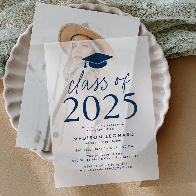 Modern Class of 2026 Navy Graduation Party Vellum Invitations (Creator Uploaded)