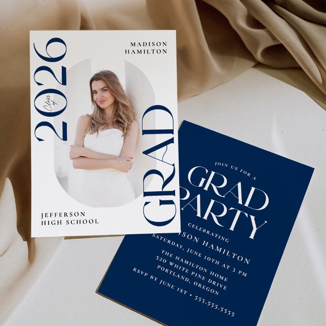 Modern Class of 2026 Navy Photo Graduation Party Invitation (Creator Uploaded)