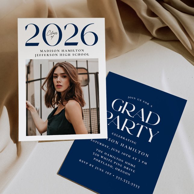 Modern Class of 2026 Navy Photo Graduation Party Invitation (Creator Uploaded)