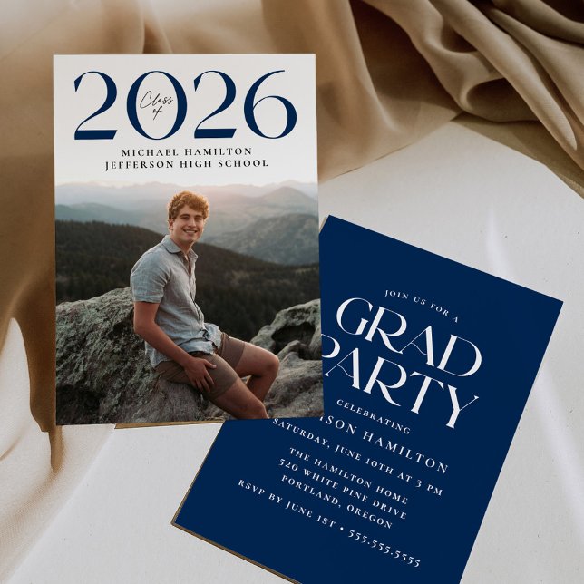 Modern Class of 2026 Navy Photo Graduation Party Invitation (Creator Uploaded)