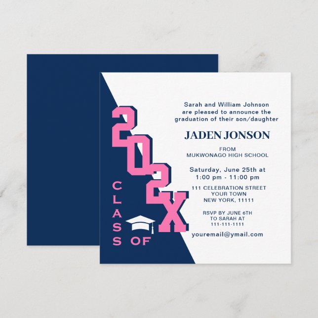 Modern Class of 2026 Navy Pink Graduation Party Invitation (Front/Back)