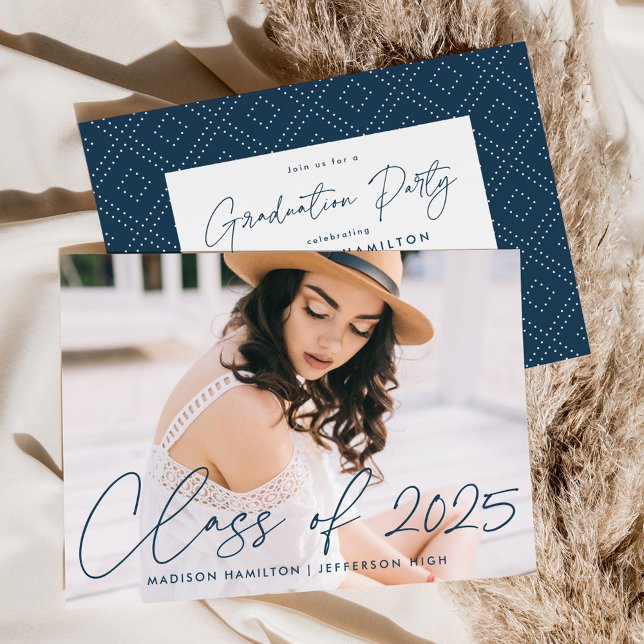 Modern Class of 2026 Navy Script Graduation Party Invitation (Creator Uploaded)