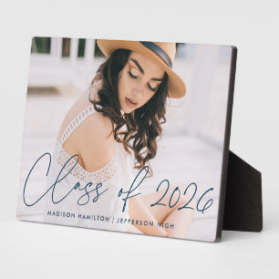 Modern Class of 2026 Navy Script Graduation Photo Plaque