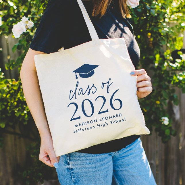 Modern Class of 2026 Navy Script Graduation Tote Bag (Creator Uploaded)