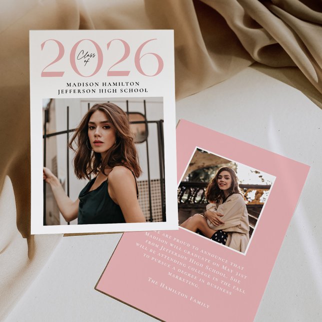 Modern Class of 2026 Pink 2 Photo Graduation Announcement (Creator Uploaded)