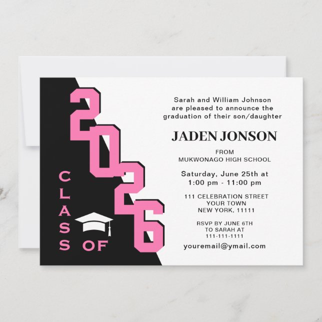 Modern Class of 2026 Pink Black Graduation Party Invitation (Front)