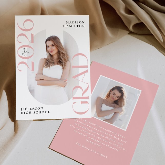 Modern Class of 2026 Pink Grad 2 Photo Graduation Announcement (Creator Uploaded)