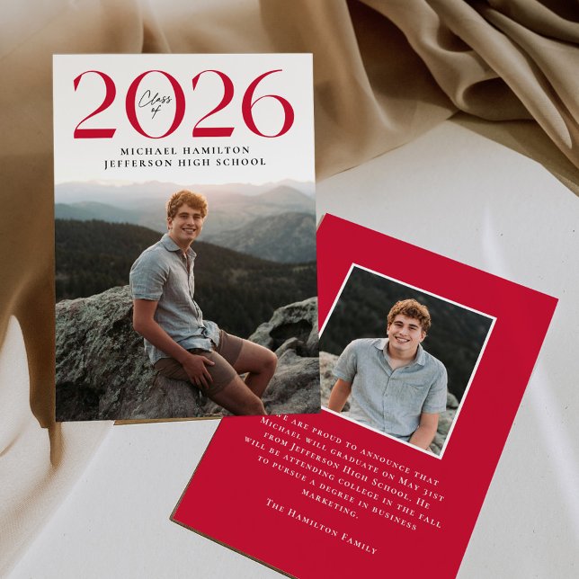 Modern Class of 2026 Red 2 Photo Graduation Announcement (Creator Uploaded)