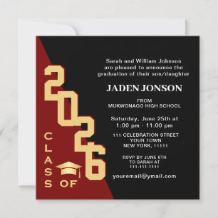 Modern Class of 2026 Red Black Graduation Party Invitation