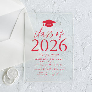 Modern Class of 2026 Red Graduation Party Acrylic Invitations