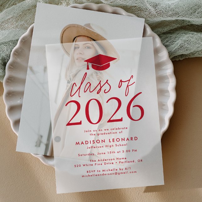 Modern Class of 2026 Red Graduation Party Vellum Invitations (Creator Uploaded)