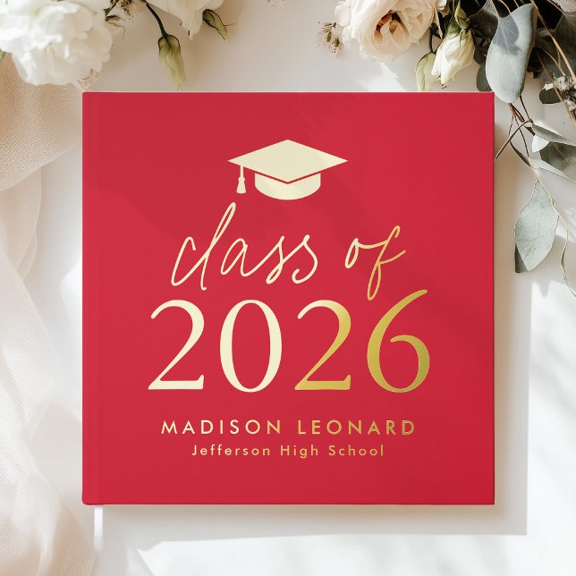 Modern Class of 2026 Red Photo Graduation Foil Guest Book (Creator Uploaded)