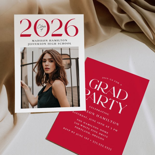 Modern Class of 2026 Red Photo Graduation Party Invitation (Creator Uploaded)