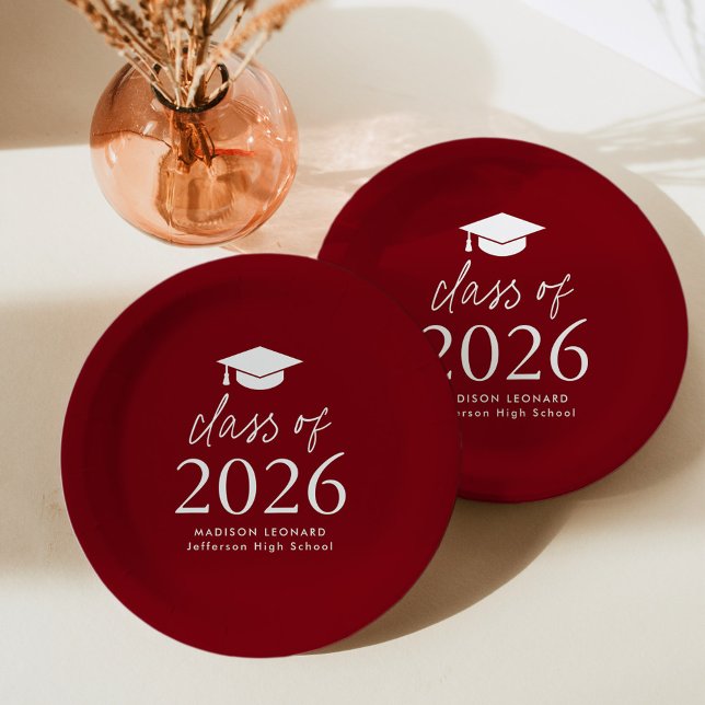 Modern Class of 2026 Script Burgundy Graduation Paper Plates (Creator Uploaded)