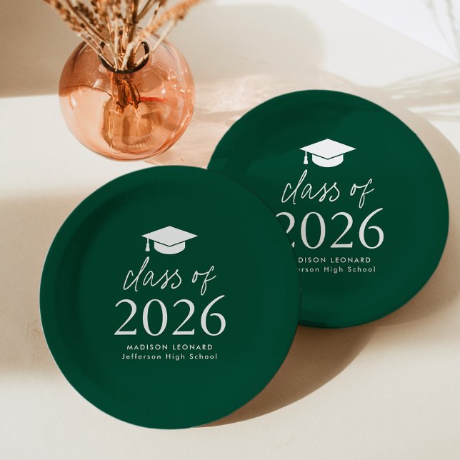 Modern Class of 2026 Script Green Graduation Paper Plates (Creator Uploaded)